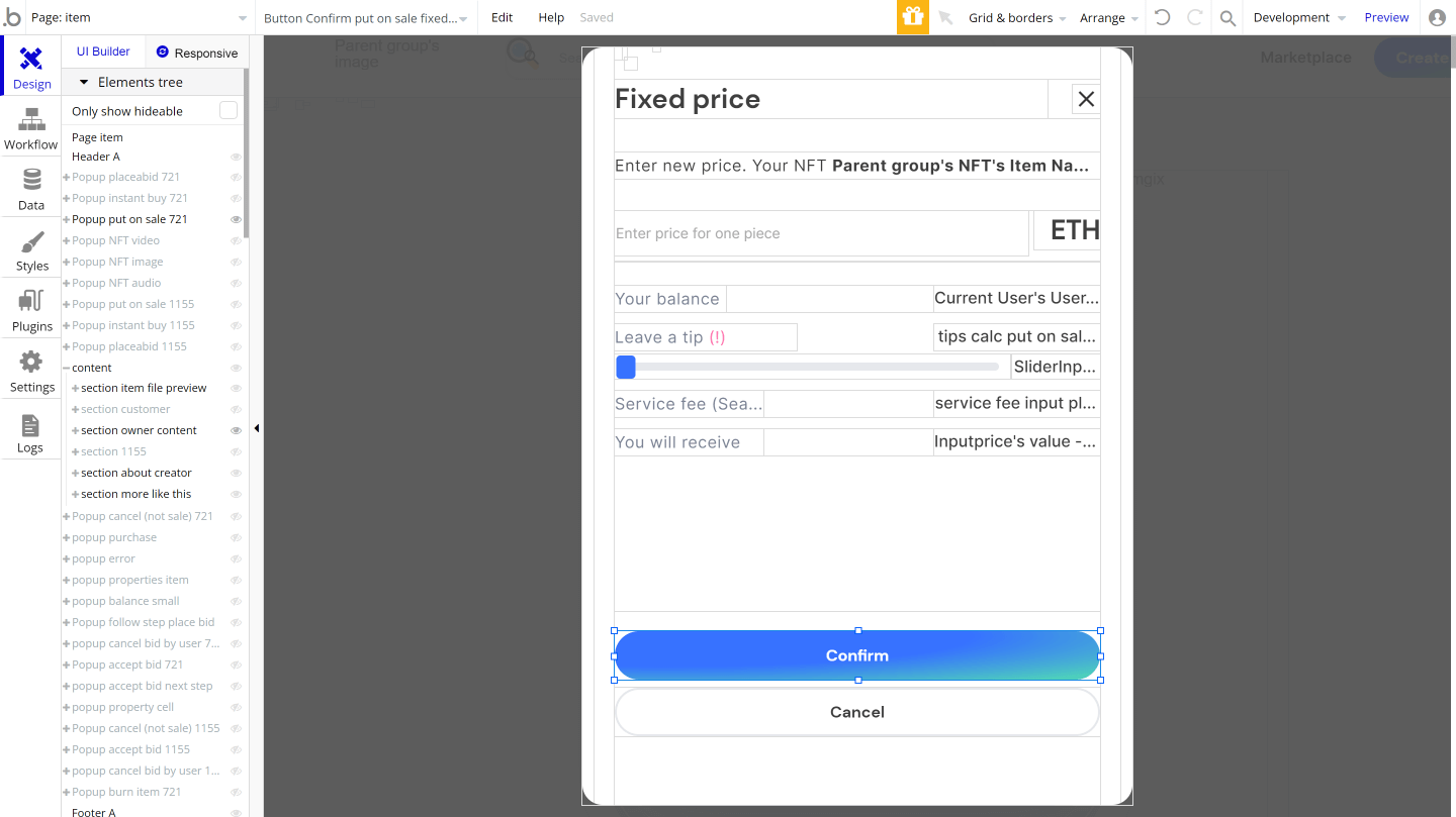 Bubble No Code NFT marketplace Opensea clone tutorial - fixed price settings.