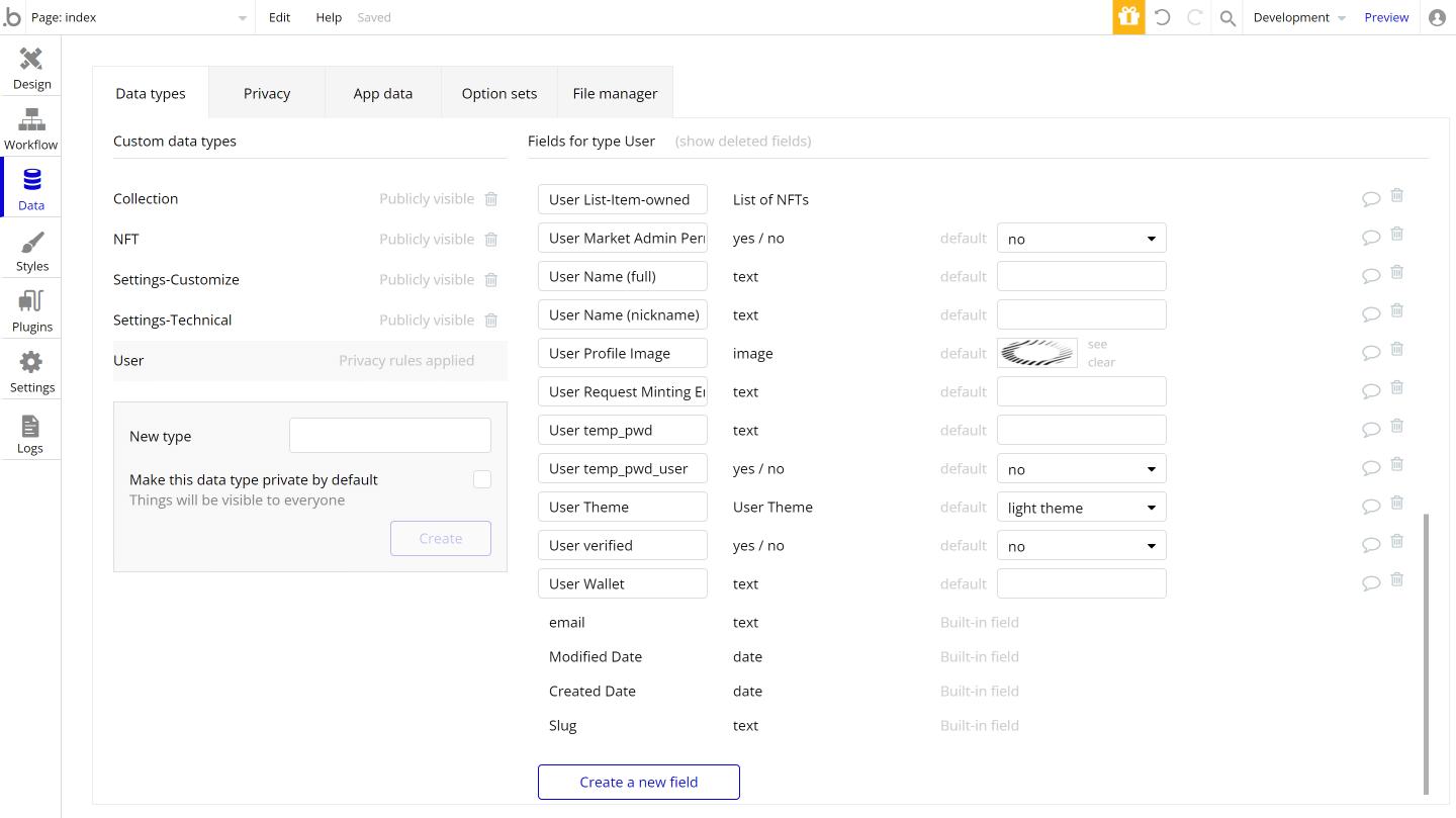 Bubble No-Code NFT Marketplace Template Example Data Types and Fields