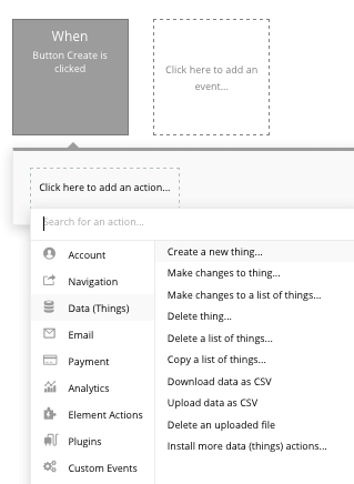 Creating a new thing in Bubble’s no-code workflow editor