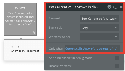 Bubble no-code trivia app displaying an incorrect answer icon