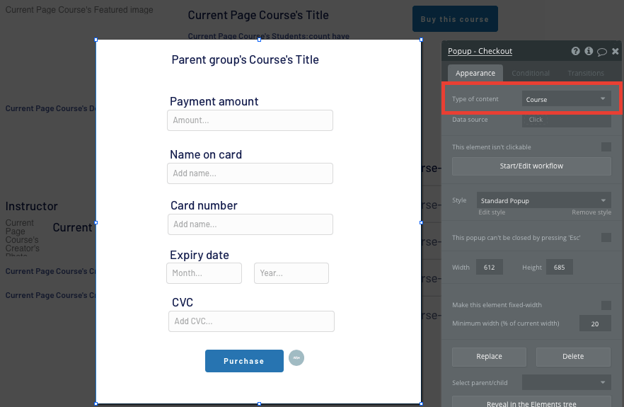 Designing a payments form for a LinkedIn Learning clone app built with no code