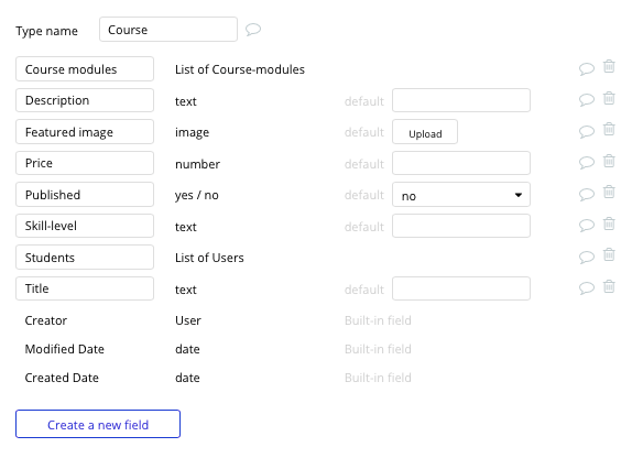 Bubble’s LinkedIn Learning no code clone tutorial with course data type and fields