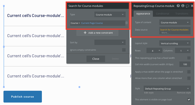 Using Bubble’s no-code editor to configure the data within a repeating group element