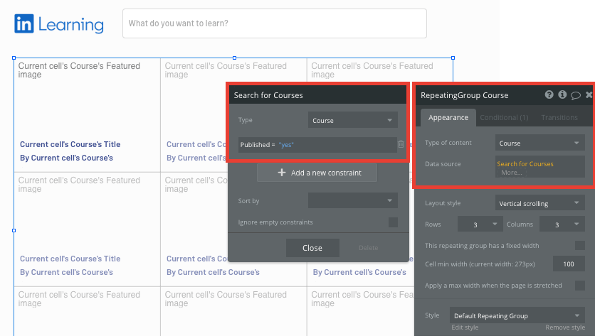 Displaying a list of courses in Bubble’s no-code LinkedIn Learning clone platform