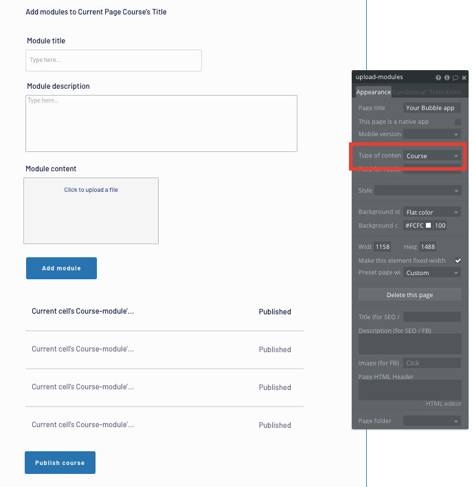 Designing a LinkedIn Learning course page in Bubble’s no-code editor