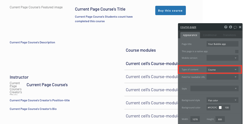 Configuring the page data type in Bubble’s LinkedIn Learning clone tutorial