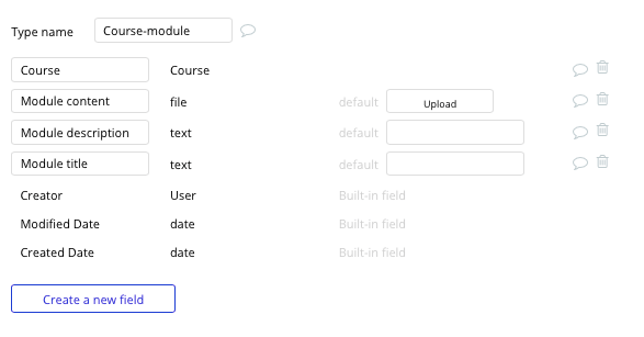 Bubble no code LinkedIn Learning clone tutorial with course module data type and fields