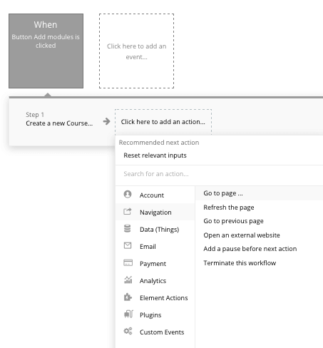 Bubble no-code page navigation workflow