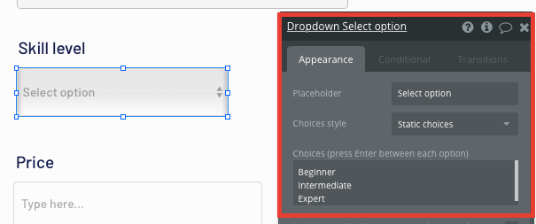 Configuring a no-code dropdown menu element