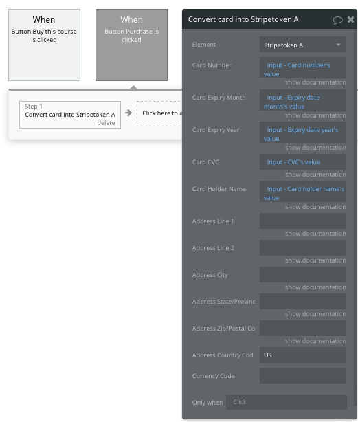 Verifying the card details for a Stripe transaction in Bubble’s no code workflow editor