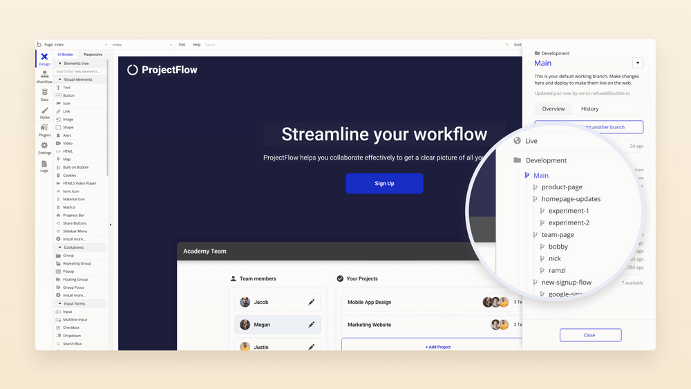 Image: New Version Control Branch Tree Feature in Bubble's No-Code Editor 