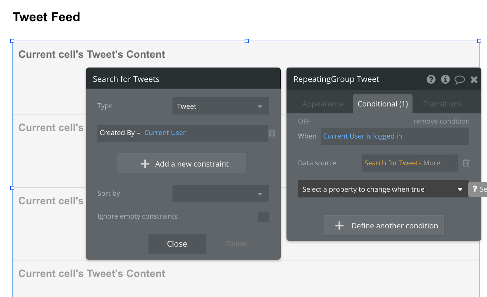 Bubble No Code Twitter Walkthrough Tutorial - tweet feed repeating group.