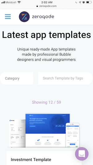 Zeroqode mobile app page with latest app templates.