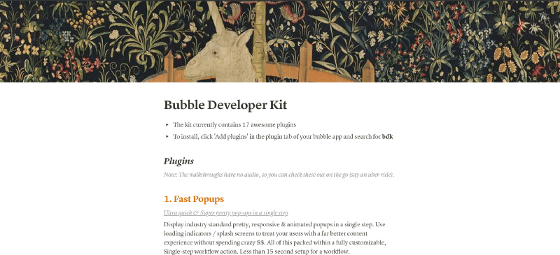 Bubble Developer Kit website screenshot header is unicorn and flowers.