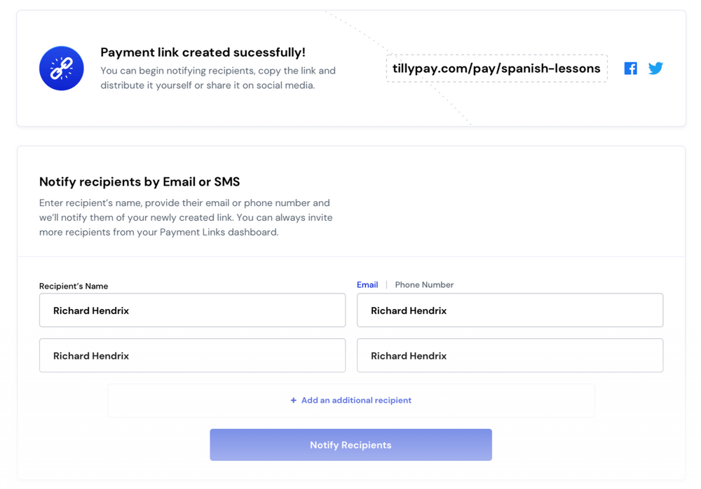 TillyPay payment link creation.