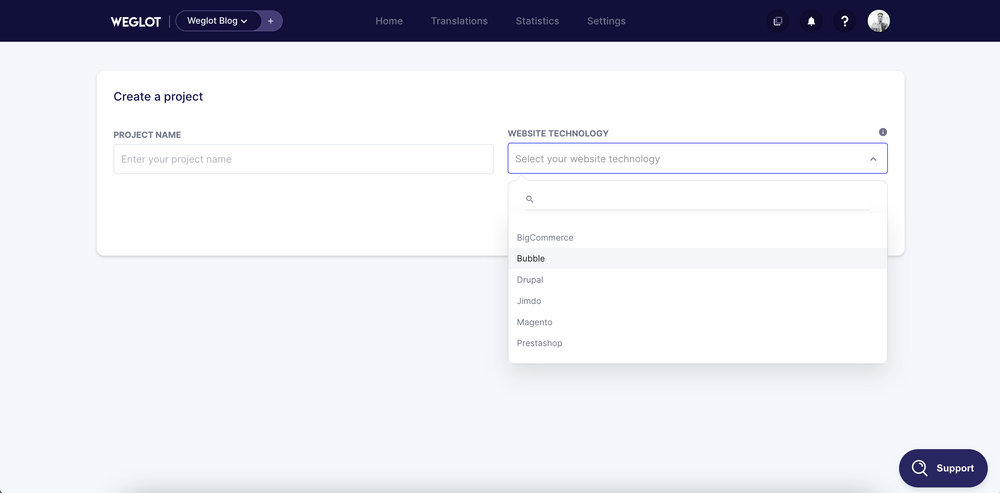 Weglot - create a project screen.