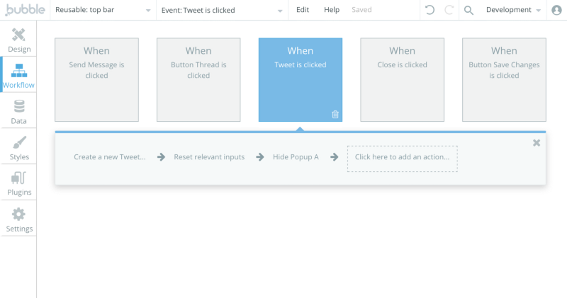 App window showing workflow options for a Twitter Clone.