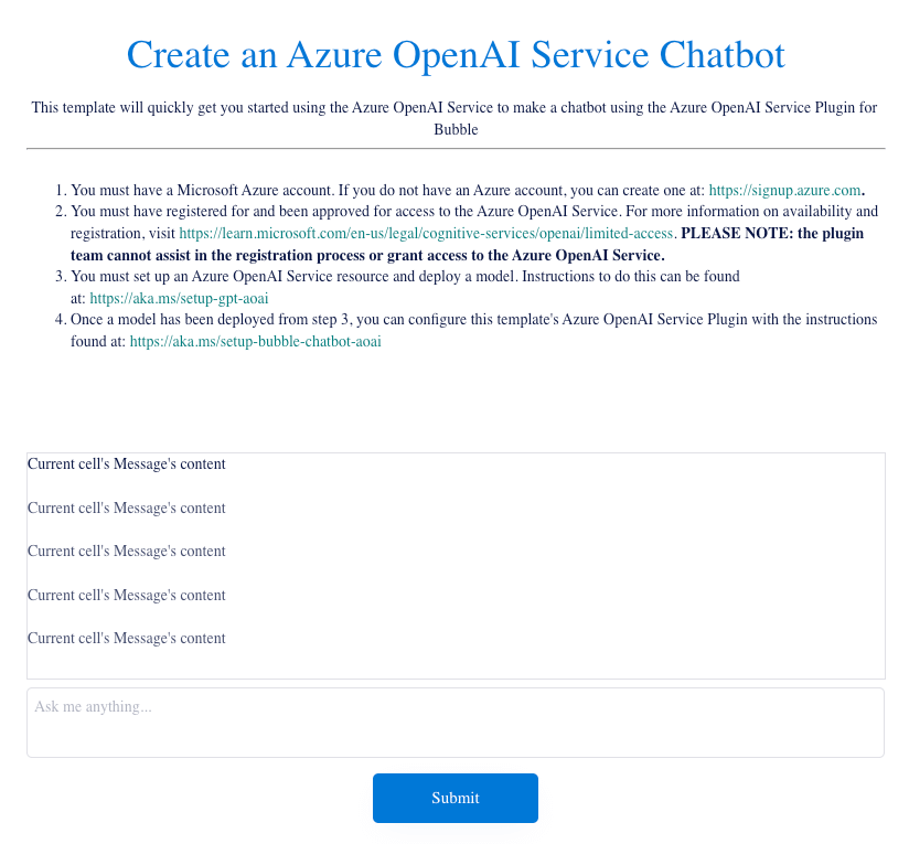 The non-customized output of the Azure OpenAI Service Chatbot Template