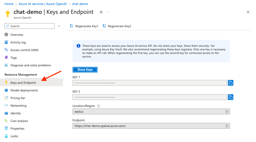 Click Keys and Endpoint from the left-hand menu