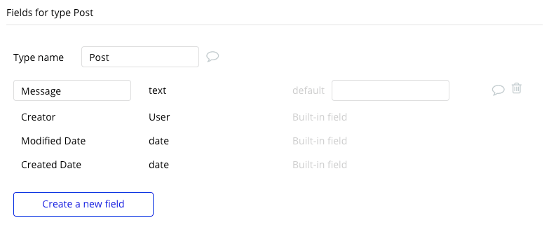 Bubble Facebook Clone Post Data Type Fields