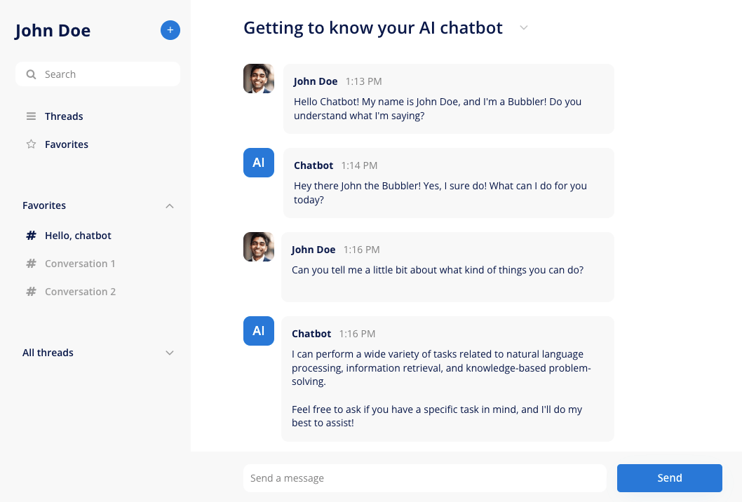 A screenshot of our finished AI chatbot