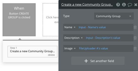 Mapping input elements and file uploader values to relevant Community Group fields in database