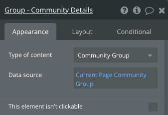 Setting the type of content and data source of the group element