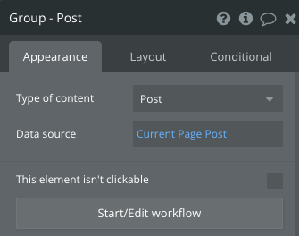 Setting the type of content for the group to “Post” and setting a data source