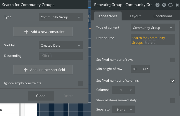 Setting the type of content for the repeating group to Community Group