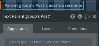 Text element (for user name of user that created post) on homepage
