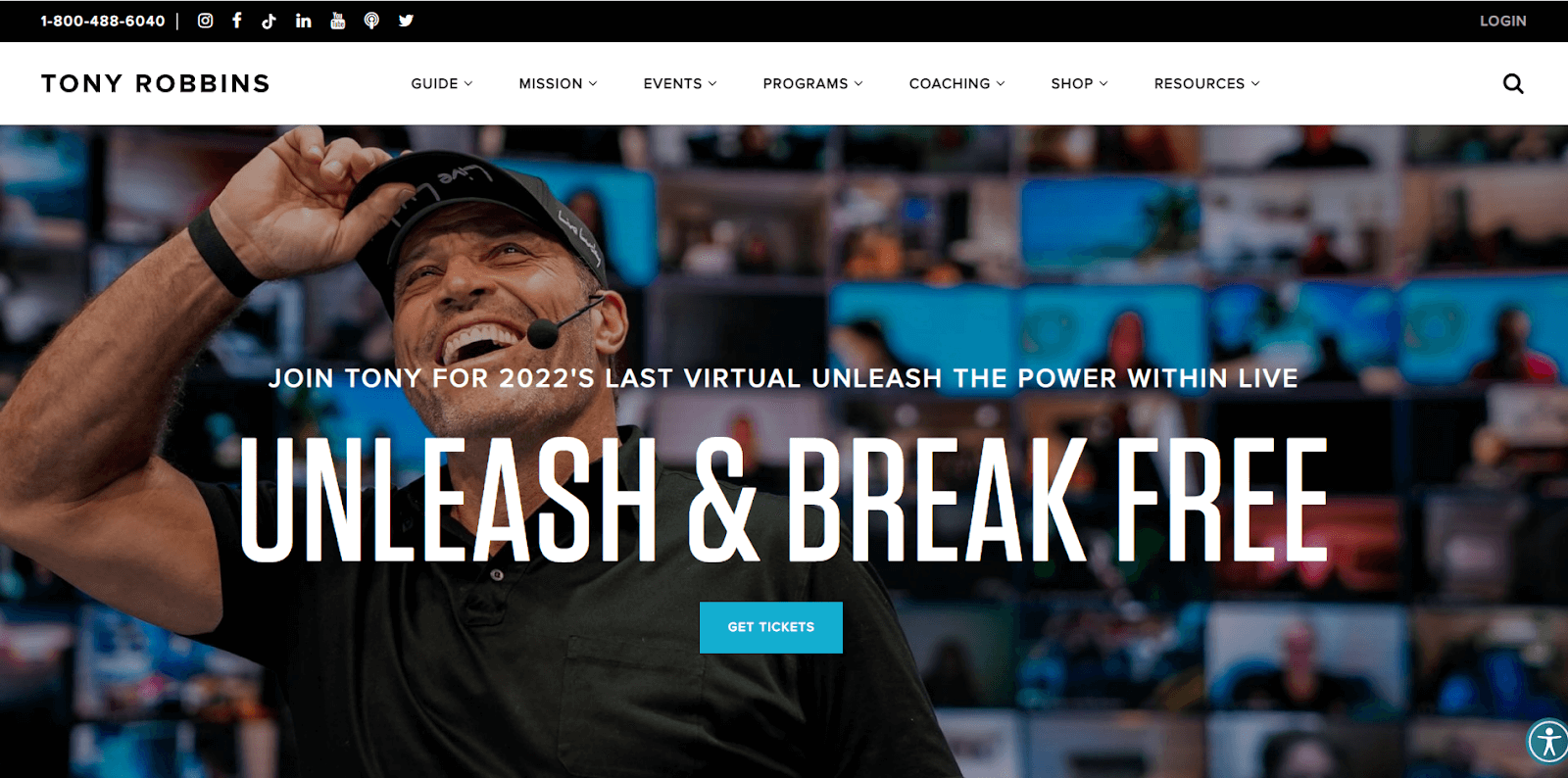 A screenshot of Tony Robbins' personal website.