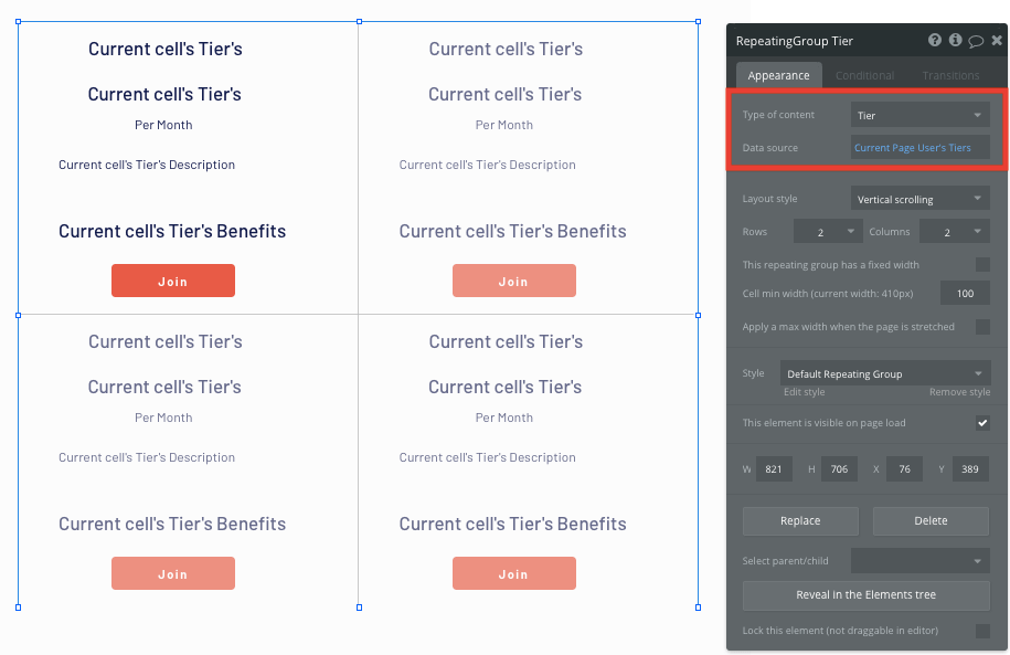 Bubble No Code Patreon Clone - current tier datasource.