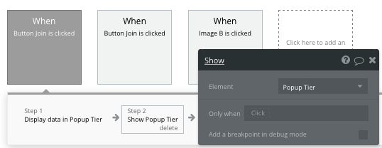 Bubble No Code Patreon Clone - show popup workflow.