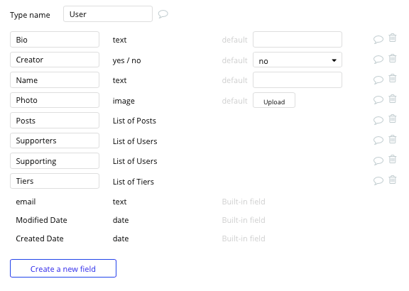 Bubble No Code Patreon Clone User Data Types and Fields