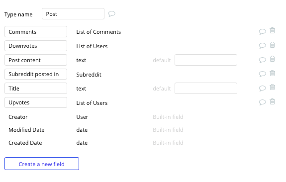 Bubble Reddit Clone Post Data Type and Fields