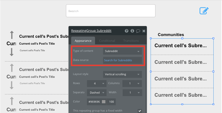 Bubble Reddit Clone Homepage Repeating Group Tutorial for Subreddit lists