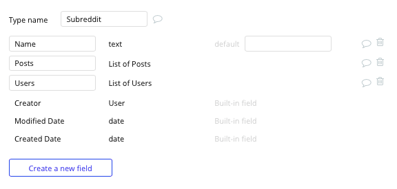 Bubble Reddit Clone Subreddit Data Type and Fields