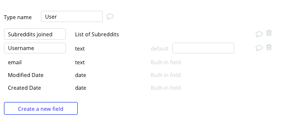 Bubble Reddit Clone User Data Type and Fields