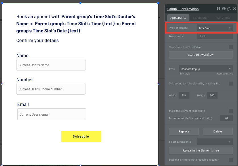 Displaying a popup to schedule an appointment in a no-code Zocdoc clone