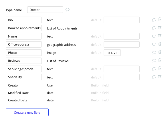 Bubble no code Zocdoc clone tutorial with doctor data type and fields