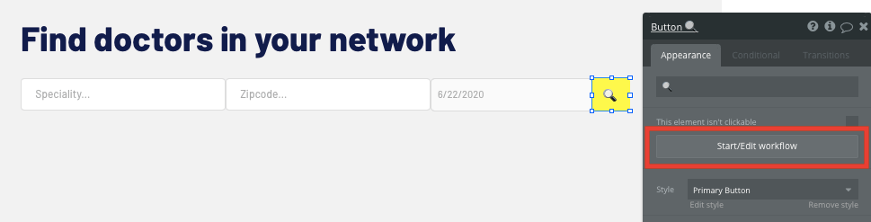 Creating a new workflow in Bubble’s no-code Zocdoc clone