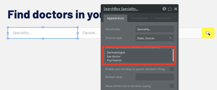 Bubble no code Zocdoc clone tutorial search bar configurations