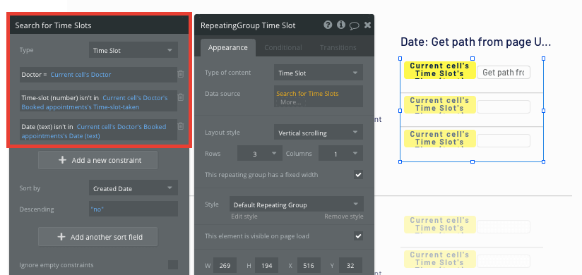 Configuring a dynamic repeating group in a no-code Zocdoc clone