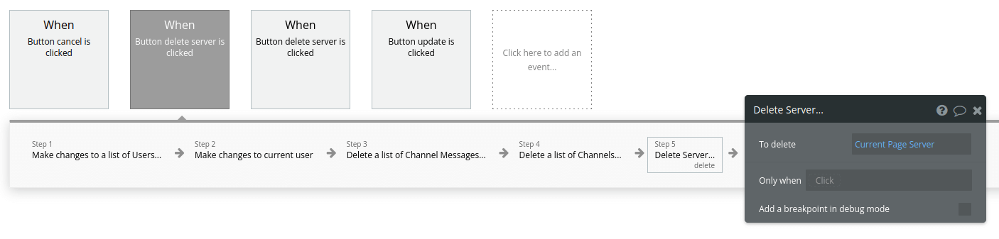 Allowing users to delete servers in our no-code Discord-like app