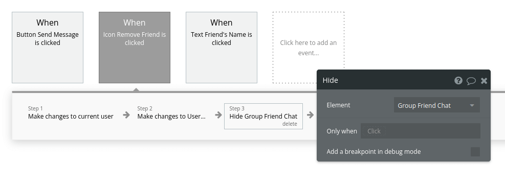 Hide group friend chat workflow in Bubble Discord clone builder.