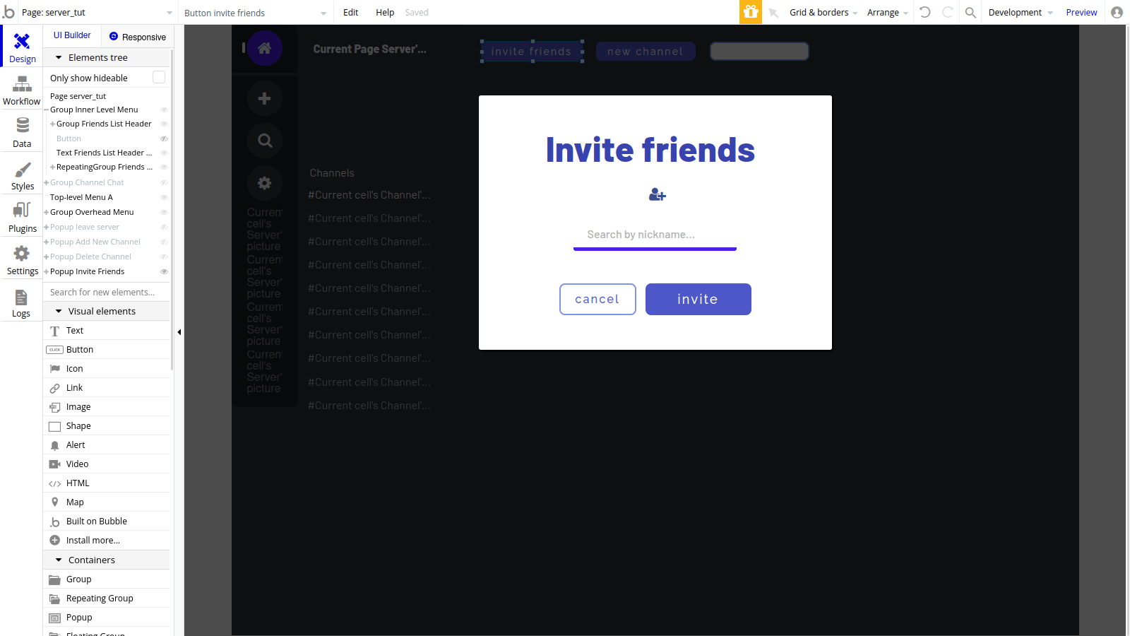 Invite friends popup in Discord clone built with Bubble.