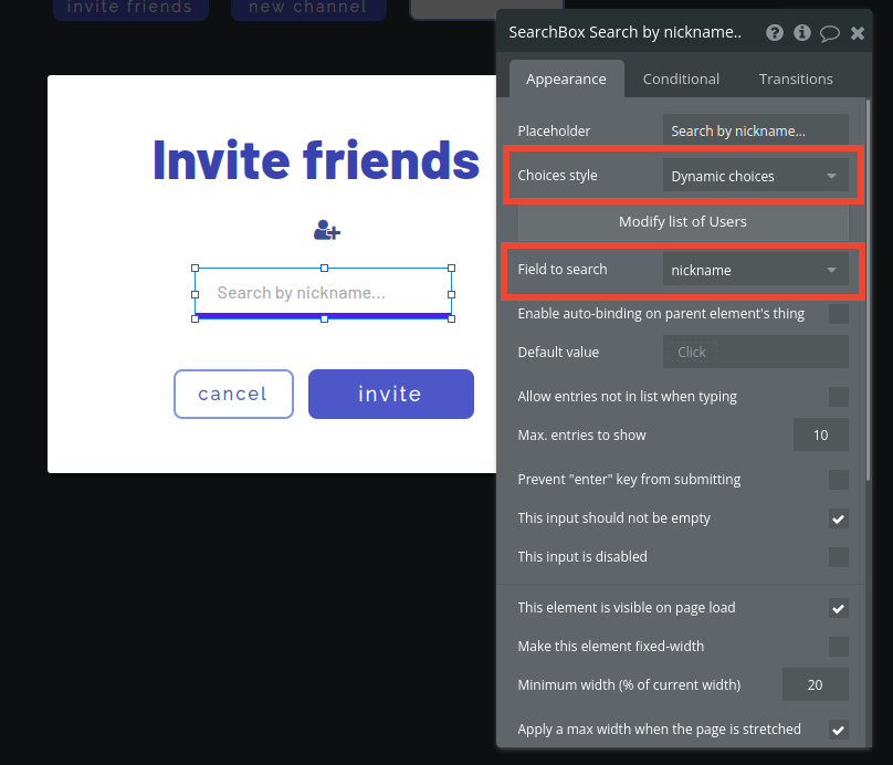 Invite friend search box input settings.