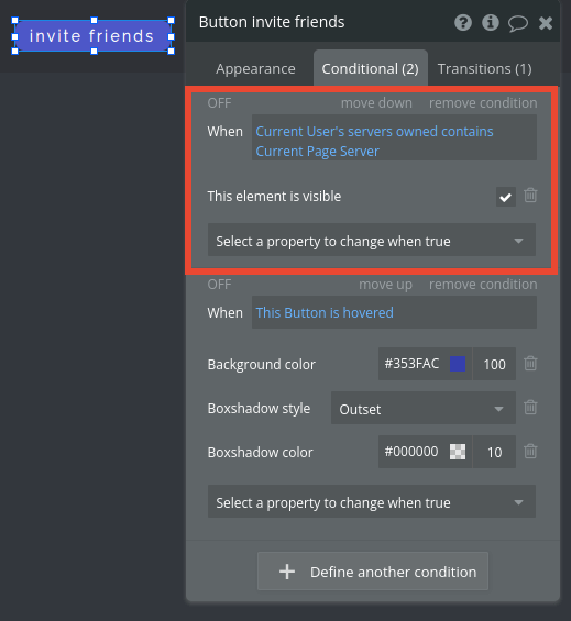 Set invite friends button visibility for server members in Discord clone.