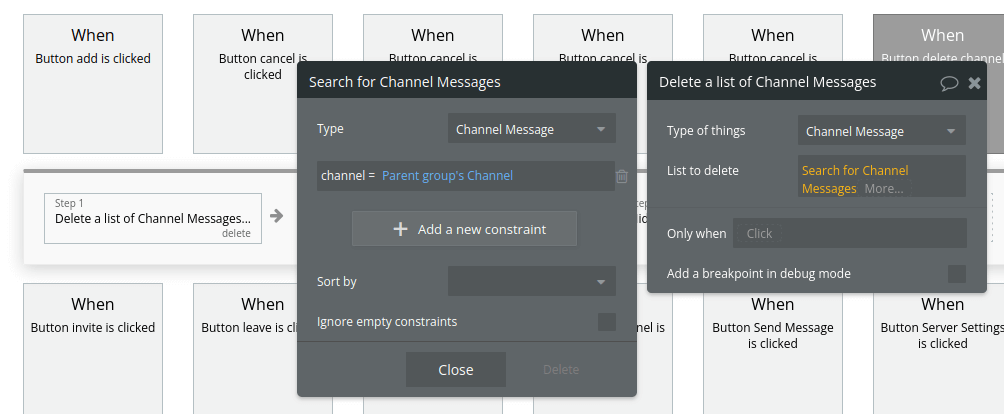 Setting up deletion of server channels in the Discord clone app