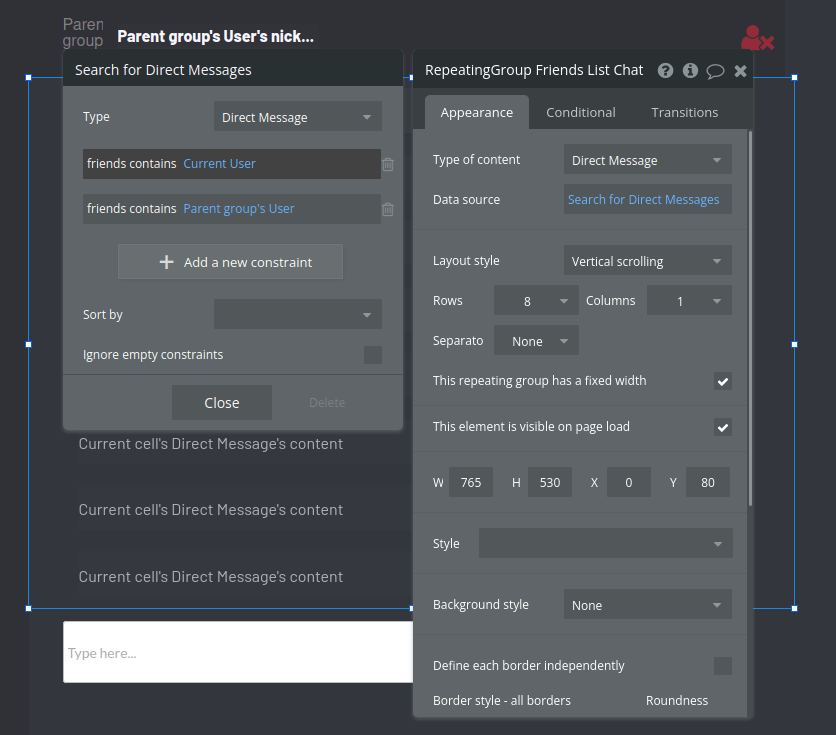 Direct messages settings in Bubble Discord clone.